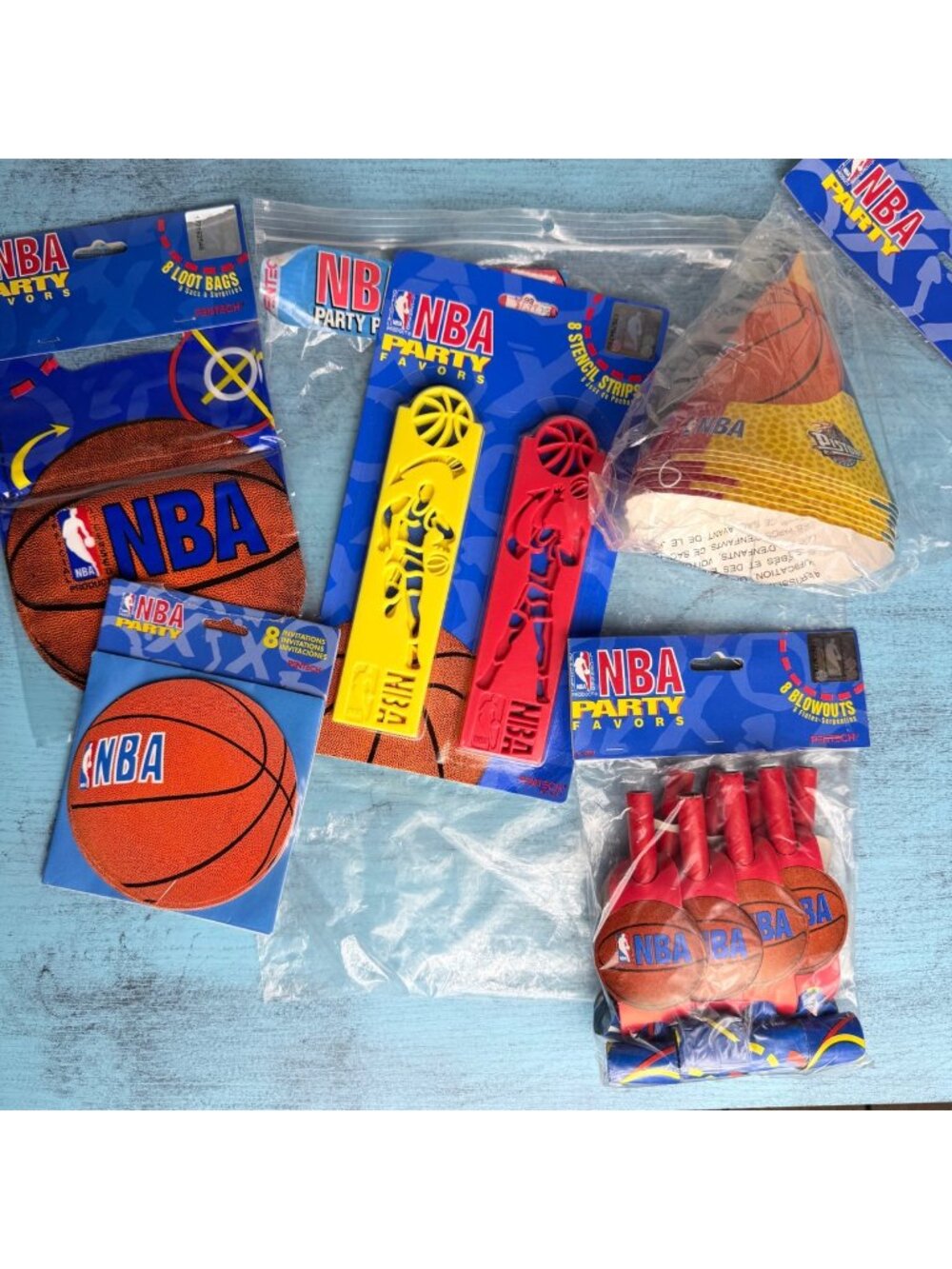 Vintage 1997 NBA Party Favors Set - Invitations Blowouts Bags Stencil Strips Hat